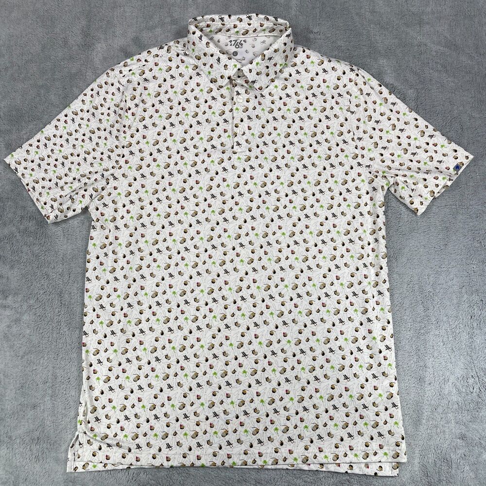 1764 Polo Shirt Mens Large Multicolor Coconuts Beach Chairs Palms Stretch Tennis